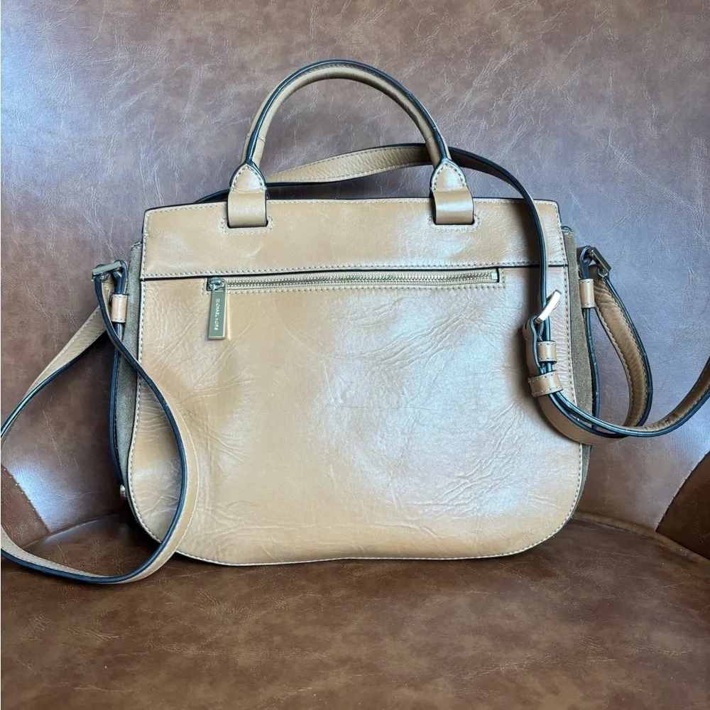 Michael Kors Romy Medium Suede Satchel Crossbody Bag Taupe Tan Leather